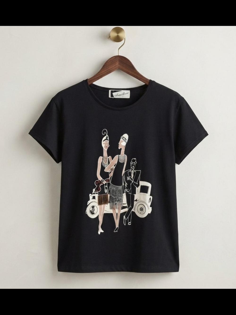Women's Black Graphic Tee with Retro Illustration